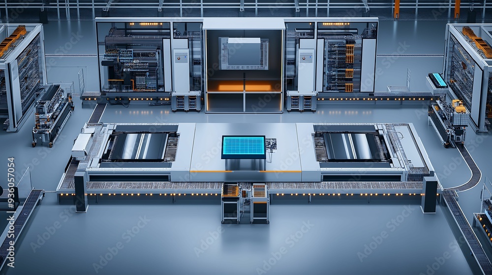 Poster scalable automation in ev battery production, multiple assembly lines, industrial design, overhead l