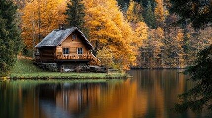 Fototapeta premium Autumn season, wooden house on the shore of the lake. The generation of AI