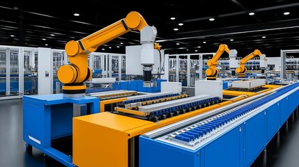 Robotic automation in EV battery manufacturing, efficient processes, high-tech factory, balanced lighting, wide-angle view, copy space for text