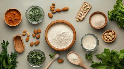A rustic kitchen scene with vegan protein powder, fresh greens, and nuts, showcasing sustainable superfood ingredients