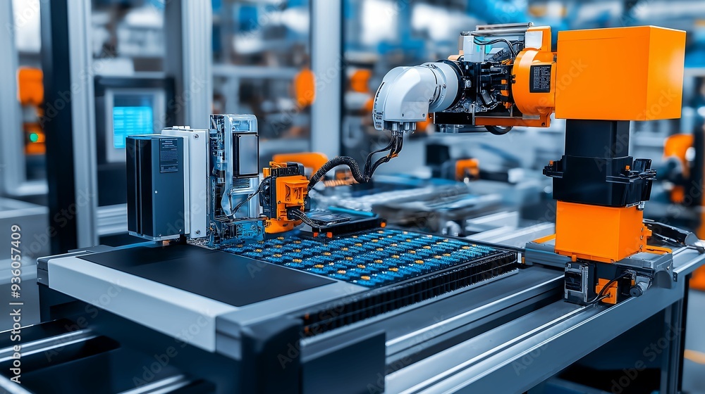 Poster close-up of automated ev battery assembly with innovative technology, precise engineering, factory b