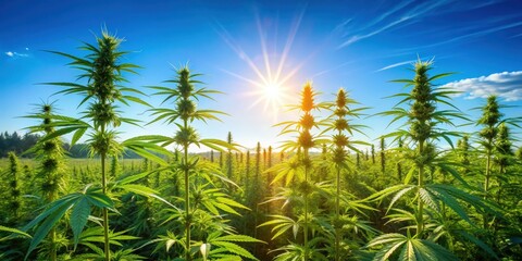 Beautiful cannabis plants growing in a sunlit field under a bright blue sky