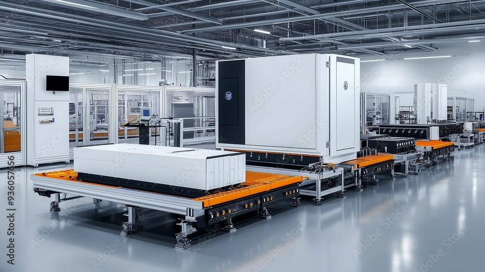 Poster ev battery assembly line with automated systems, precision engineering, factory floor, clean lightin