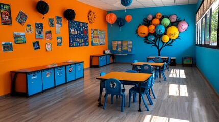 Classroom decorated with educational posters and learning aids on the walls.