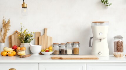 A stylish kitchen counter with superfood powders, fresh fruits, and a blender, emphasizing vegan meal prep