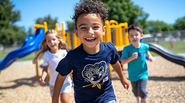Recess time at an elementary school, kids running and playing on the playground.