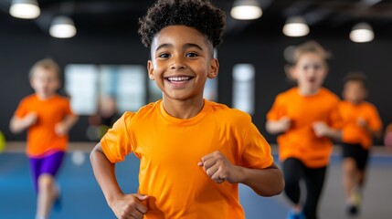 School gym class with students running laps and doing exercises.
