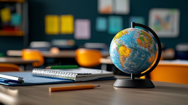School classroom with a globe, maps, and geography lessons in progress.