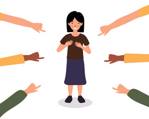 Young girl stands confidently amid pointing hands in a colorful illustration about social dynamics