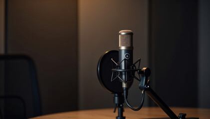 Professional podcast setup with microphone and soundproof walls