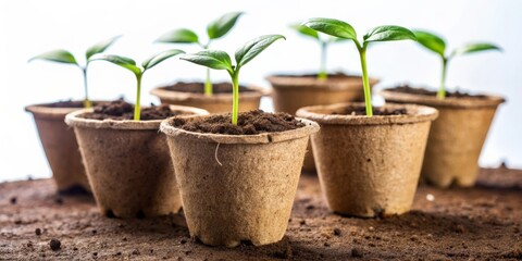 Seedlings growing in peat moss pots, symbolizing growth and sustainability