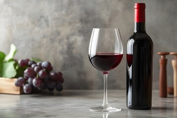 Fototapeta premium bottle of wine standing next to a half full glass of wine