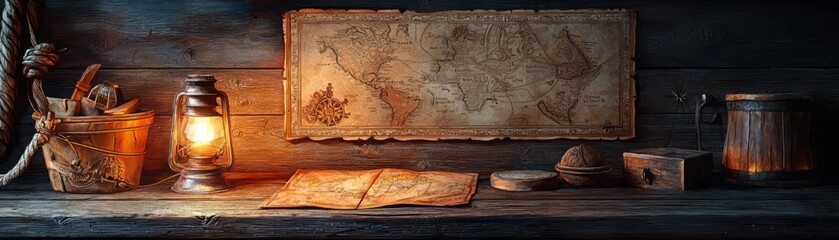 Classic wooden table with vintage map, lantern, and jar, evoking exploration and adventure in a rustic setting.