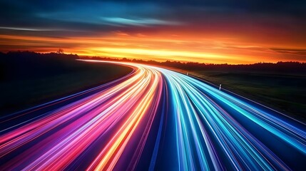 Highway Colorful Light Trails, Digital Marketing Speed Movement, Dark Blue Background, Orange-Toned Sunset Sky