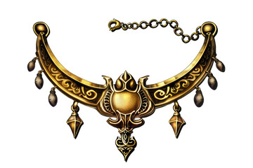 Elegant golden necklace with intricate designs and dangling charms, perfect for enhancing any outfit or jewelry collection.