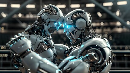 Fototapeta premium Robot Wrestler Grappling Opponent: A powerful robot wrestler in the midst of grappling its opponent. 