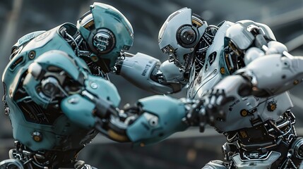 Fototapeta premium Robot Wrestler Grappling Opponent: A powerful robot wrestler in the midst of grappling its opponent. 