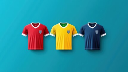 A vibrant collection of soccer jerseys in red, yellow, and blue, perfect for sports branding, merchandise, and promotional materials.