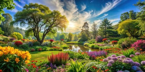 Obraz premium Vibrant stock photo showcasing a lush and diverse natural environment with trees, flowers, and wildlife