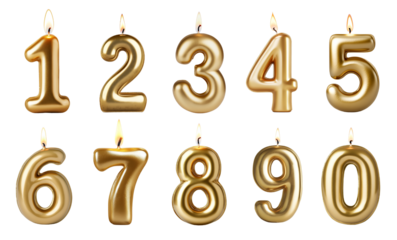 Birthday number candles isolated on transparent background.