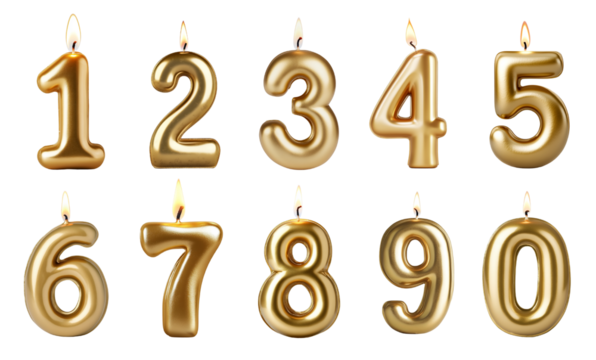 Birthday number candles isolated on transparent background.