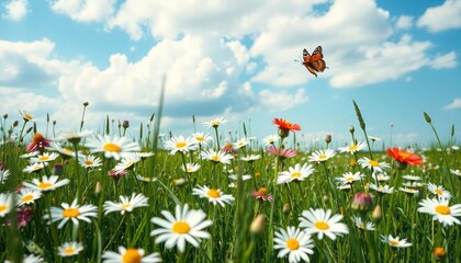 Obraz premium Spring summer landscape with field flowers of daisies and fluttering butterfly on background blue sky with clouds in nature. Colorful artistic image beauty of environment, ai