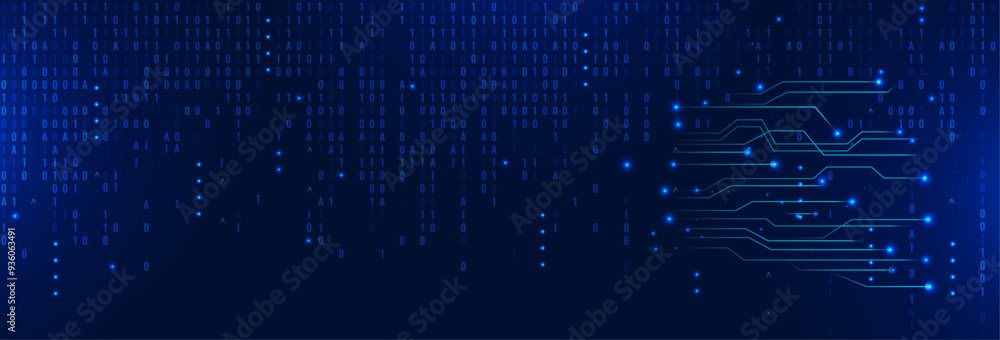 Poster futuristic banner with a dark blue background. a glowing circuit design emphasizing ai, tech, and da