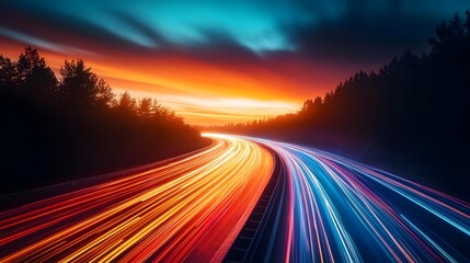 Highway Colorful Light Trails, Digital Marketing Speed Movement, Dark Blue Background, Orange-Toned Sunset Sky