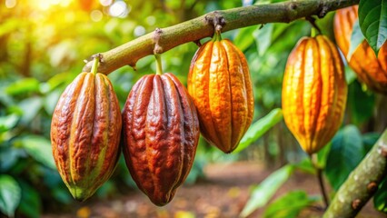 Fresh cacao pods ready for harvesting on a cacao plantation