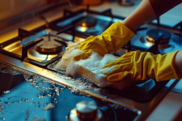 Hands wearing yellow gloves scrubbing a stovetop with a sponge and soapy water, emphasizing cleanliness and household chores.