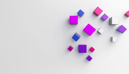 Colorful, floating cubes in shades of pink, purple, and blue arranged in a minimalist composition on a white background, symbolizing modern design, simplicity, and geometric abstraction.

