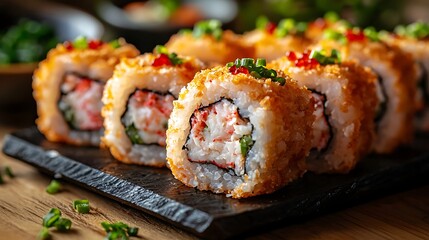 Crispy fried sushi rolls with crab meat, tobiko, and green onion, offering a delectable and visually stunning dish with a perfect blend of flavors.