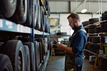 A mechanic in overalls examines records on a digital tablet in a well-organized warehouse filled with neatly stacked tires.
