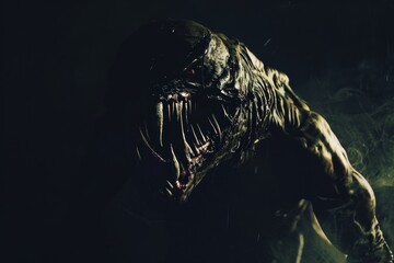 A monstrous creature with sharp fangs and a grotesque appearance lurks in the darkness, creating a scene of terror.
