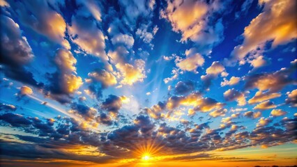 Obraz premium Beautiful sunset over a serene blue sky with fluffy clouds in the background