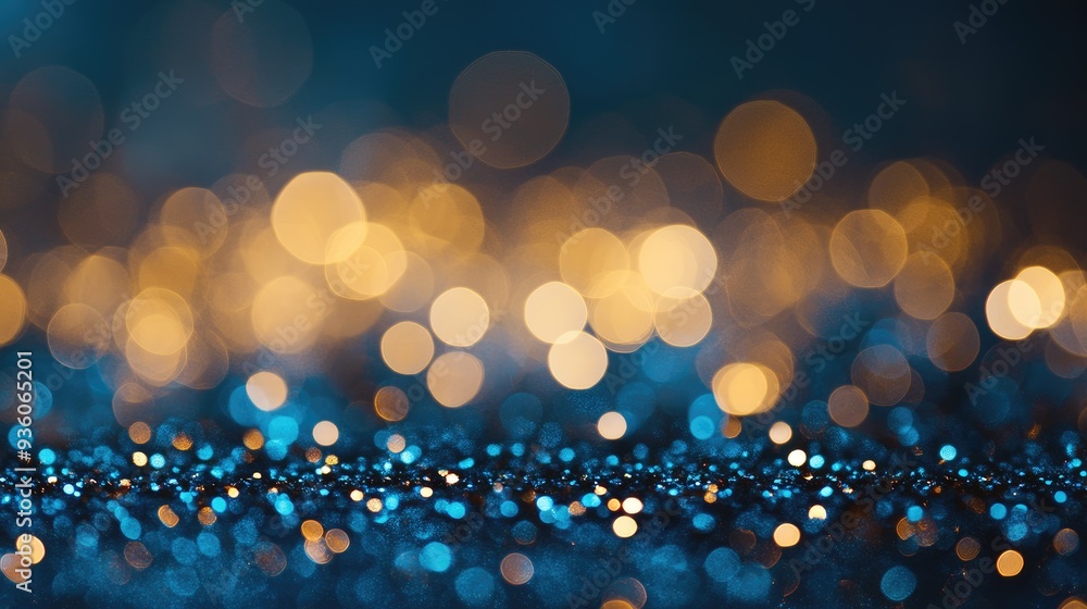 Poster blurry blue and gold glitter background with soft bokeh, leaving space for text in the center. suita