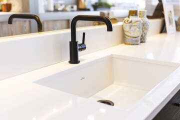 A sleek black faucet stands over a pristine white sink in a modern kitchen, accentuating the minimalist decor.