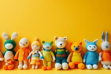 Obraz premium A colorful collection of hand-knitted stuffed animals lined up against a bright yellow backdrop, exuding a charming and playful vibe.
