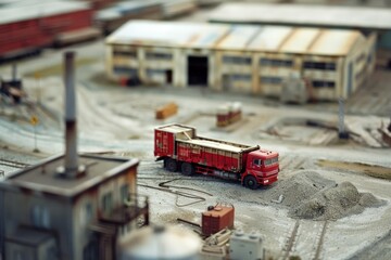 A miniature industrial scene with a red truck and various buildings and equipment, resembling a scaled-down model.