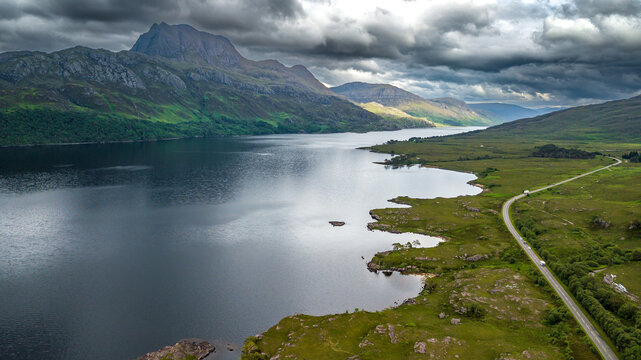 Aerial View Of The Highlands At Loch Maree Near Talladale In Scotland, UK