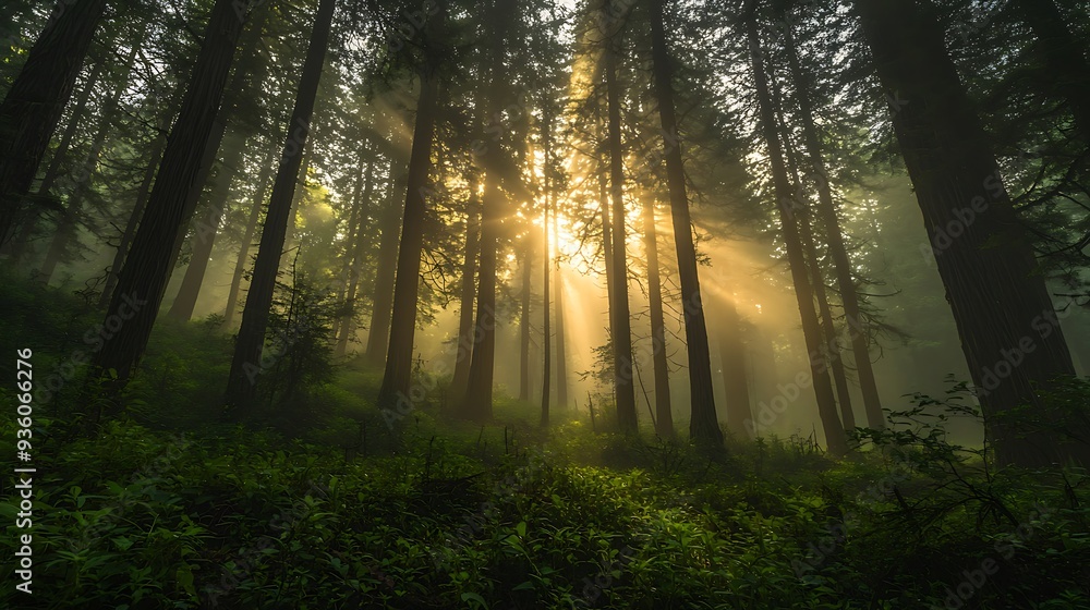 Poster sunbeams through misty forest trees, creating a magical and serene atmosphere as the light filters t