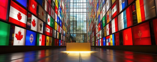 A vibrant display of Canadian provincial flags in a modern glass hallway, encapsulating national pride and cultural diversity in an urban setting.
