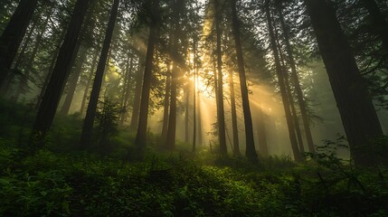 Naklejka premium Sunbeams through misty forest trees, creating a magical and serene atmosphere as the light filters through the dense woodland.