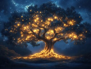 mystical tree of life with intricate glowing branches reaching towards a starry sky roots intertwine with sacred symbols representing growth interconnectedness and spiritual wisdom