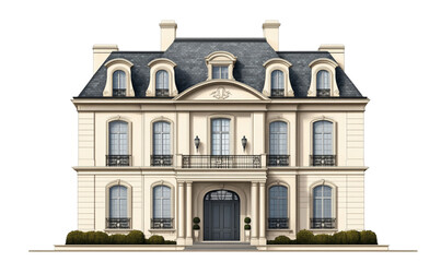 Fototapeta premium Beautiful luxury mansion exterior design with entrance and windows, isolated on white background.
