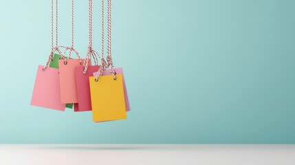 Colorful hanging tags create a vibrant display against a simple background, ideal for promotions and branding.