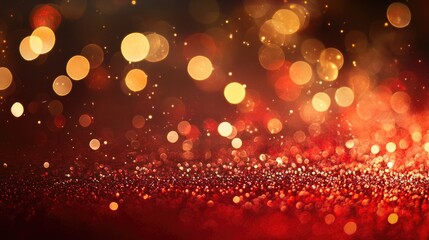 Blurry gold and red glitter background with festive sparkles, offering a clear space in the center for text. Perfect for holiday or celebratory themes.