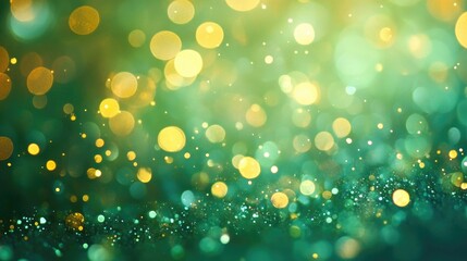Obraz premium Blurry green and gold glitter background with a warm glow, leaving ample space for text. Perfect for festive, nature-inspired, or luxurious themes.