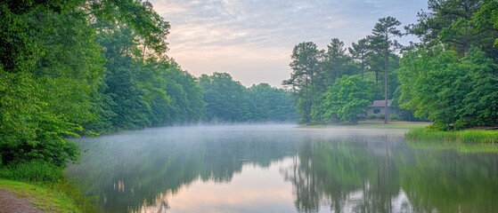 Fototapeta premium Foggy Morning on a Lake Surrounded by Trees