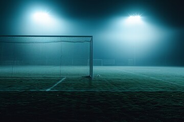 Empty soccer field under a misty night sky, dimly illuminated by tall floodlights, evoking a serene and eerie atmosphere.